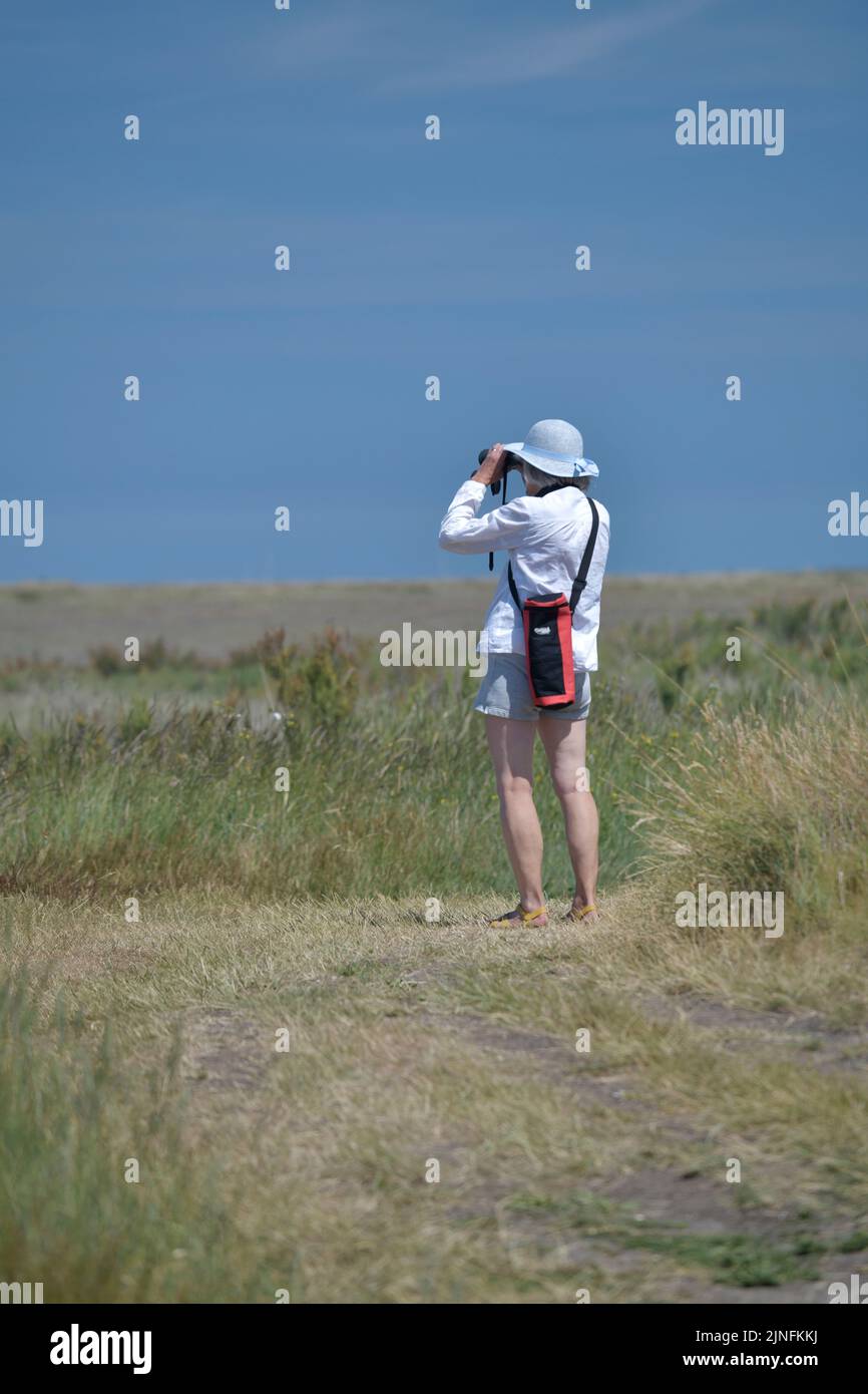 solitary woman with  binoculars on marshland stiffkey north norfolk england Stock Photo