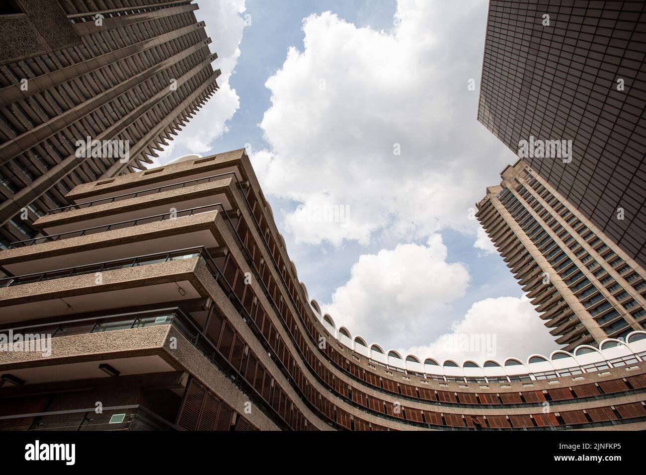 Barbican Estate, London. A low, wide angle view of the brutalist architecture within the Barbican Estate in the City of London. Stock Photo