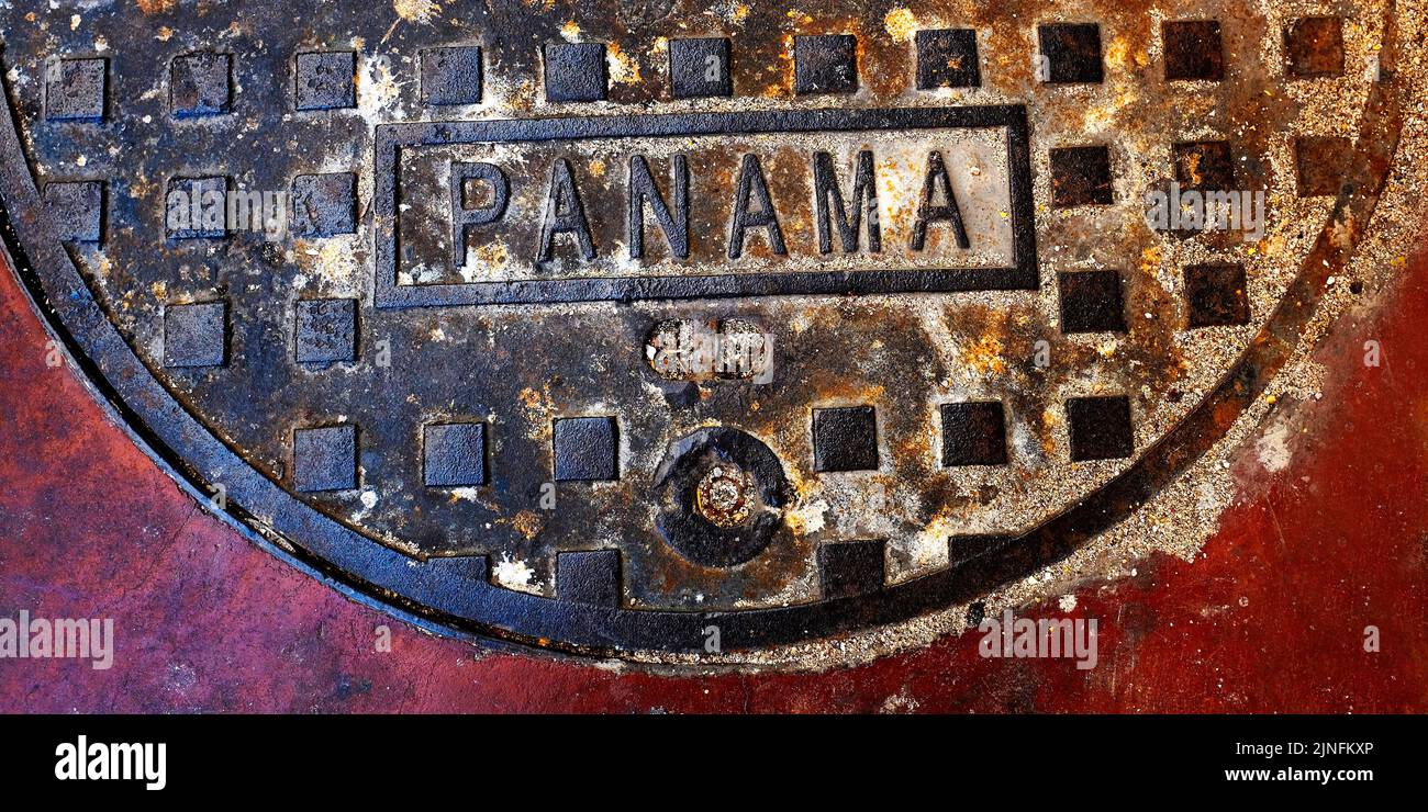 Detail of panama sign man hole cover iron metal colorful country for travel Stock Photo