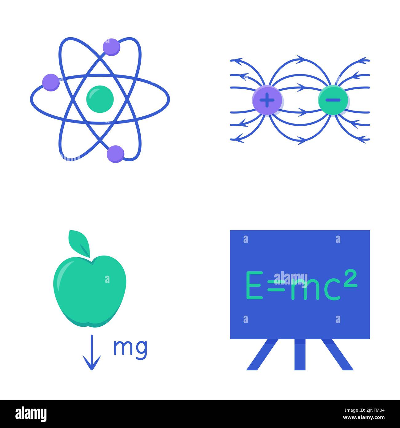 Physics icon set in flat style. Nuclear physics, energy formula ...