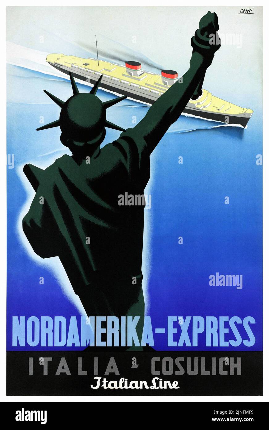 Nordamerika Express. Italia - Cosulich. Italian Line by Renato Cenni (1906-1977). Poster published in 1937 in Italy. Stock Photo