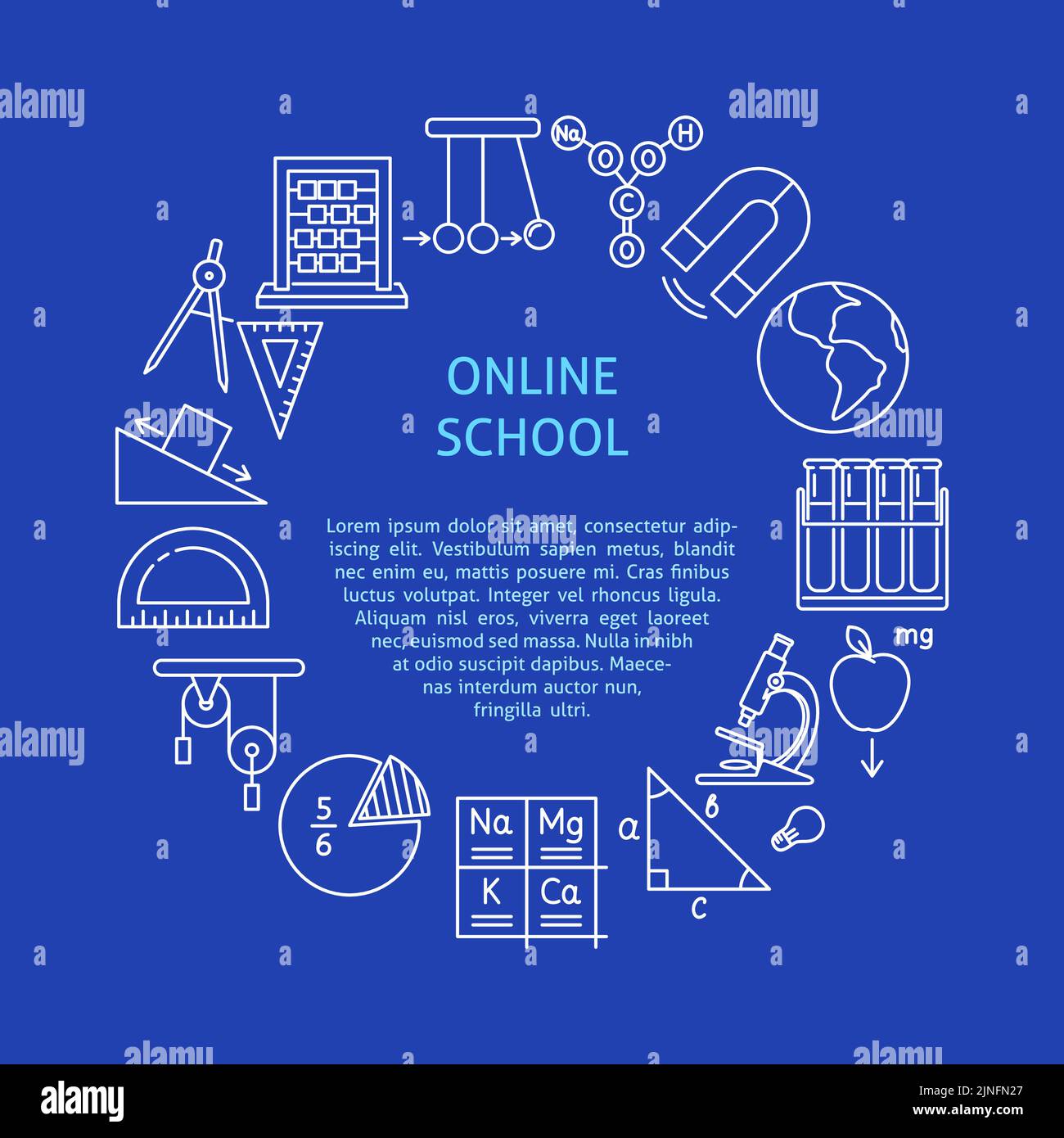 Online school round banner in line style with place for text. Vector ...