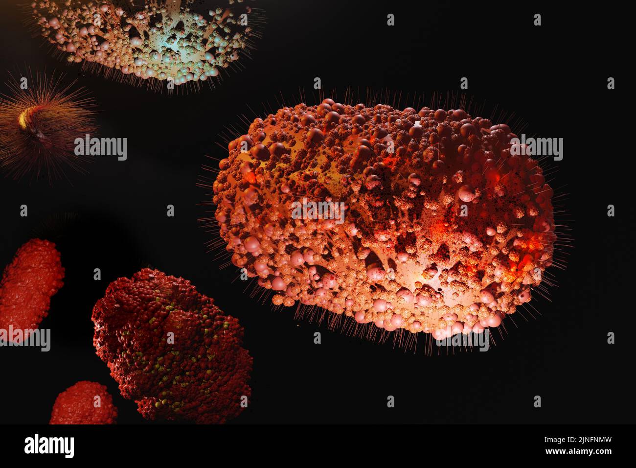 Monkeypox virus. Pathogen virus cell, germ, microbe under microscope. 3D render illustration. Stock Photo