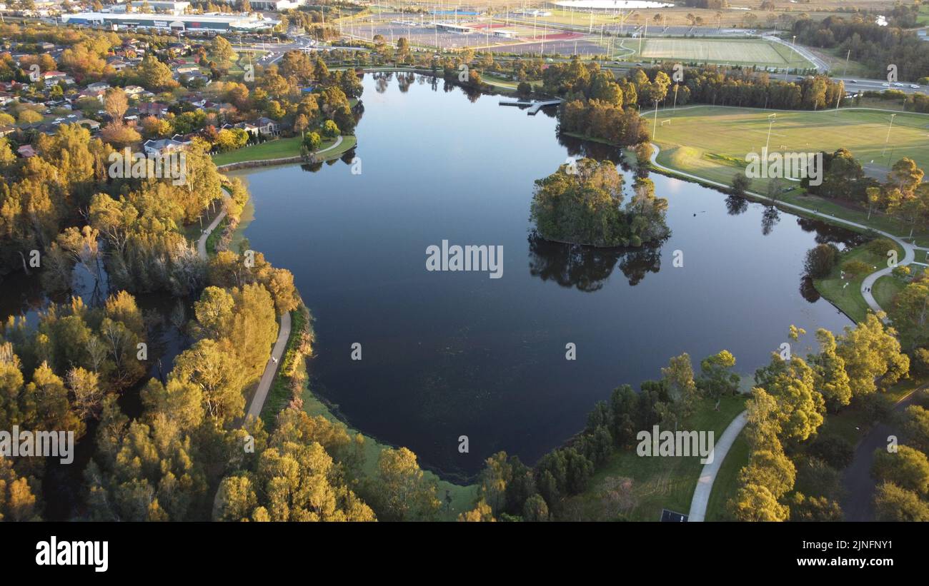 The aerial view of a lake surrounded by green vegetation under sunlight ...