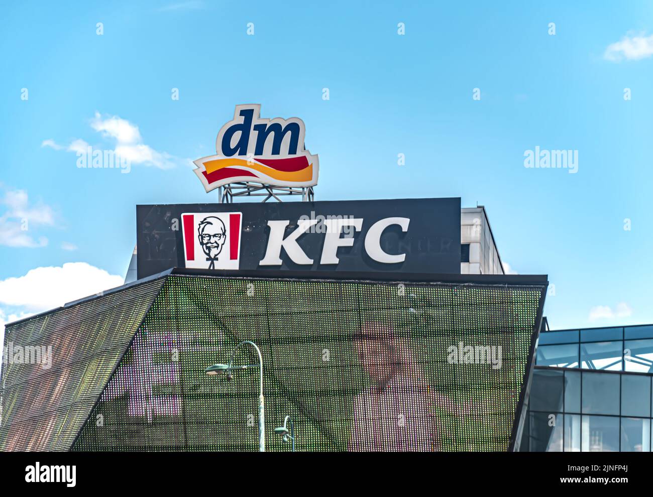 Opening the first KFC restaurant was postponed, but the KFC sign was placed on top of the SSC building in Sarajevo Stock Photo