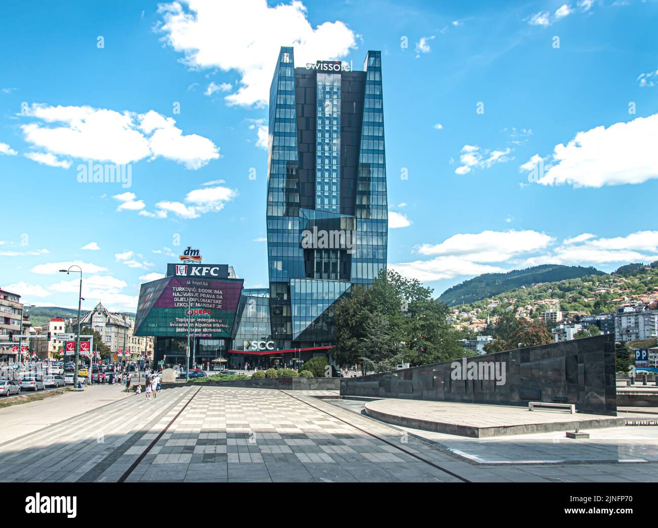 Opening the first KFC restaurant was postponed, but the KFC sign was placed on top of the SSC building in Sarajevo Stock Photo