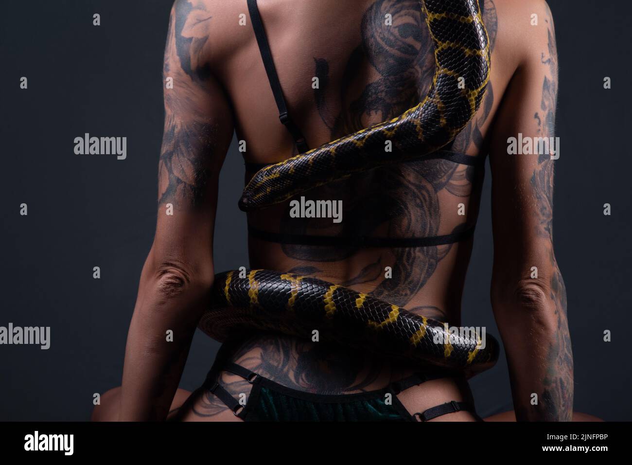 Photo of the sitting woman with crawling anaconda on back in shadows Stock Photo