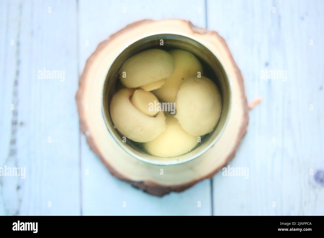 Canned mushrooms in a tin container top view  Stock Photo