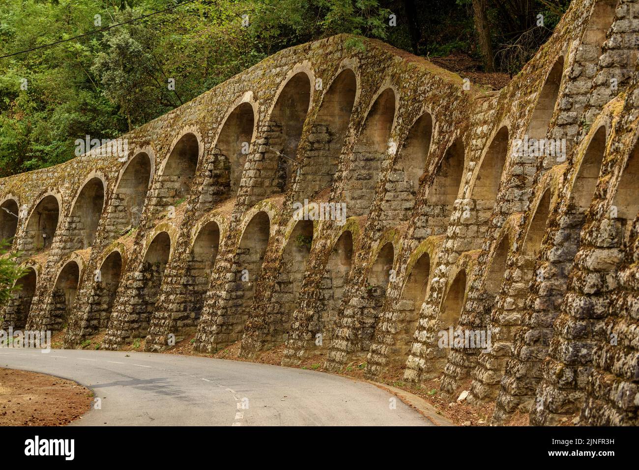 Reinforcement arches on the road leaving the village of Osor towards Sant Hilari Sacalm, in Les Guilleries mountains La Selva, Girona, Catalonia Spain Stock Photo