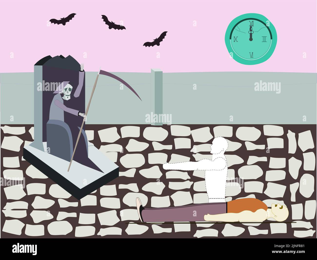 Man meeting Grim Reaper on his thtone just after death Stock Vector ...