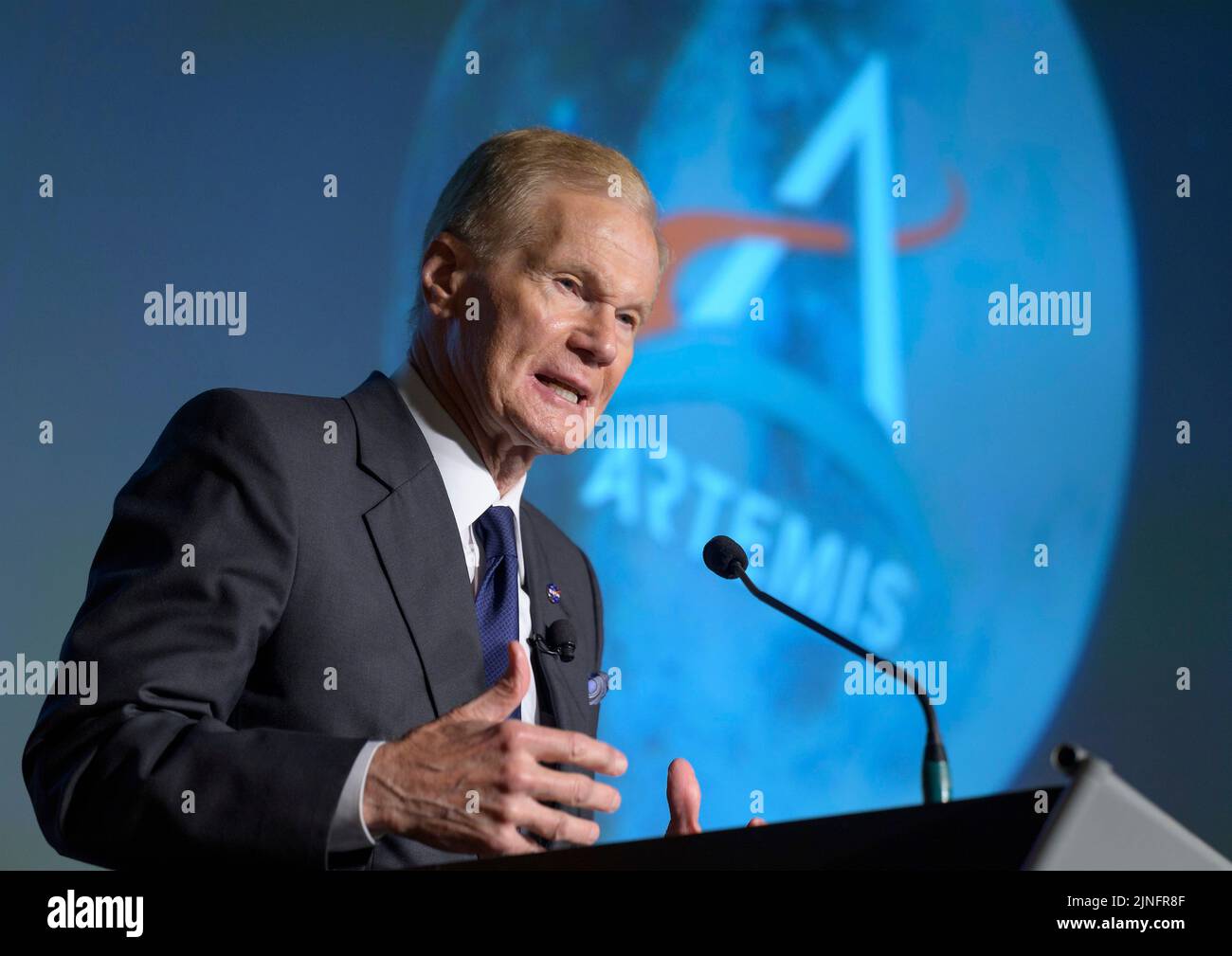 NASA Administrator Bill Nelson speaks during a NASA briefing on the Artemis I Moon mission at the Mary W. Jackson NASA Headquarters building, August 3, 2022 in Washington, D.C. The NASA Artemis I mission is the first integrated test of the deep space exploration systems: the Orion spacecraft, Space Launch System rocket, and supporting ground systems. Stock Photo