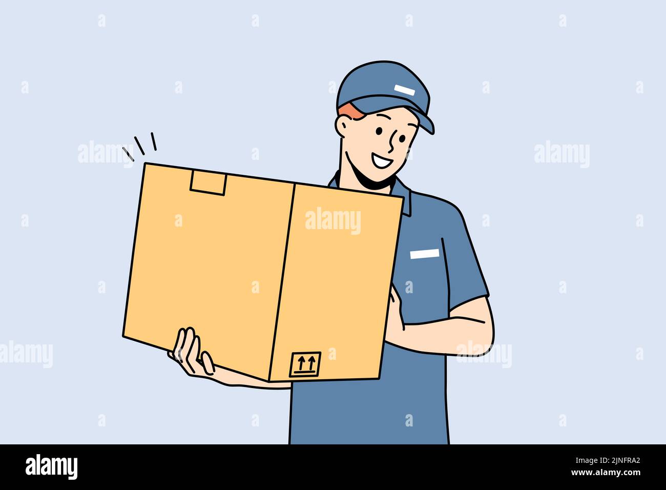 Smiling deliveryman in uniform holding cardboard package. Happy male ...