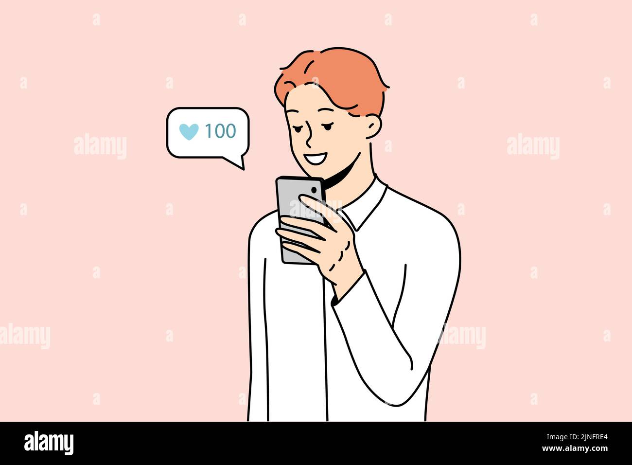 Smiling young man using cellphone collect likes on social media. Happy male look at mobile phone screen get acknowledgment from subscribers. Vector illustration.  Stock Vector
