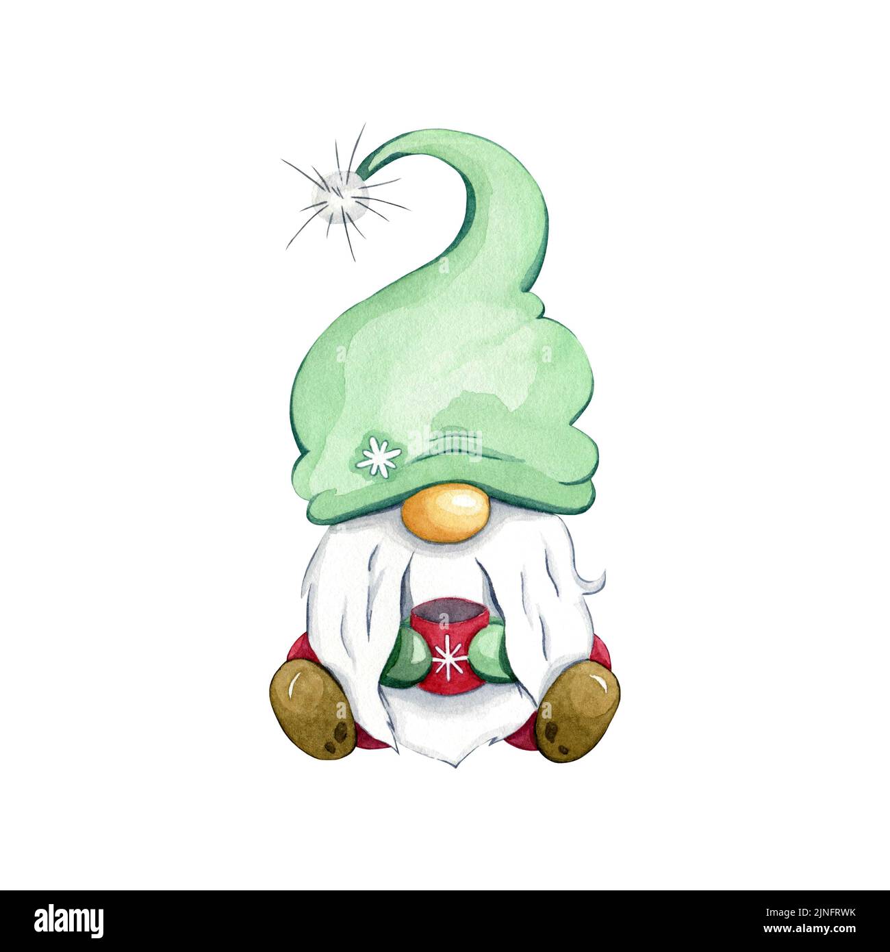 Watercolor scandinavian folklore elf, nordic christmas motive, isolated on white background, hand drawn illustration, christmas gnome with mug. Stock Photo