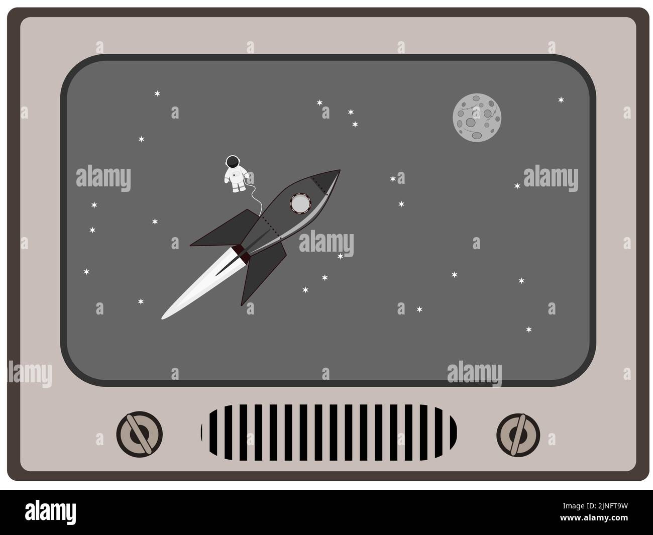 Space rocket flying to the Moon on vintage black and white TV set screen Stock Vector