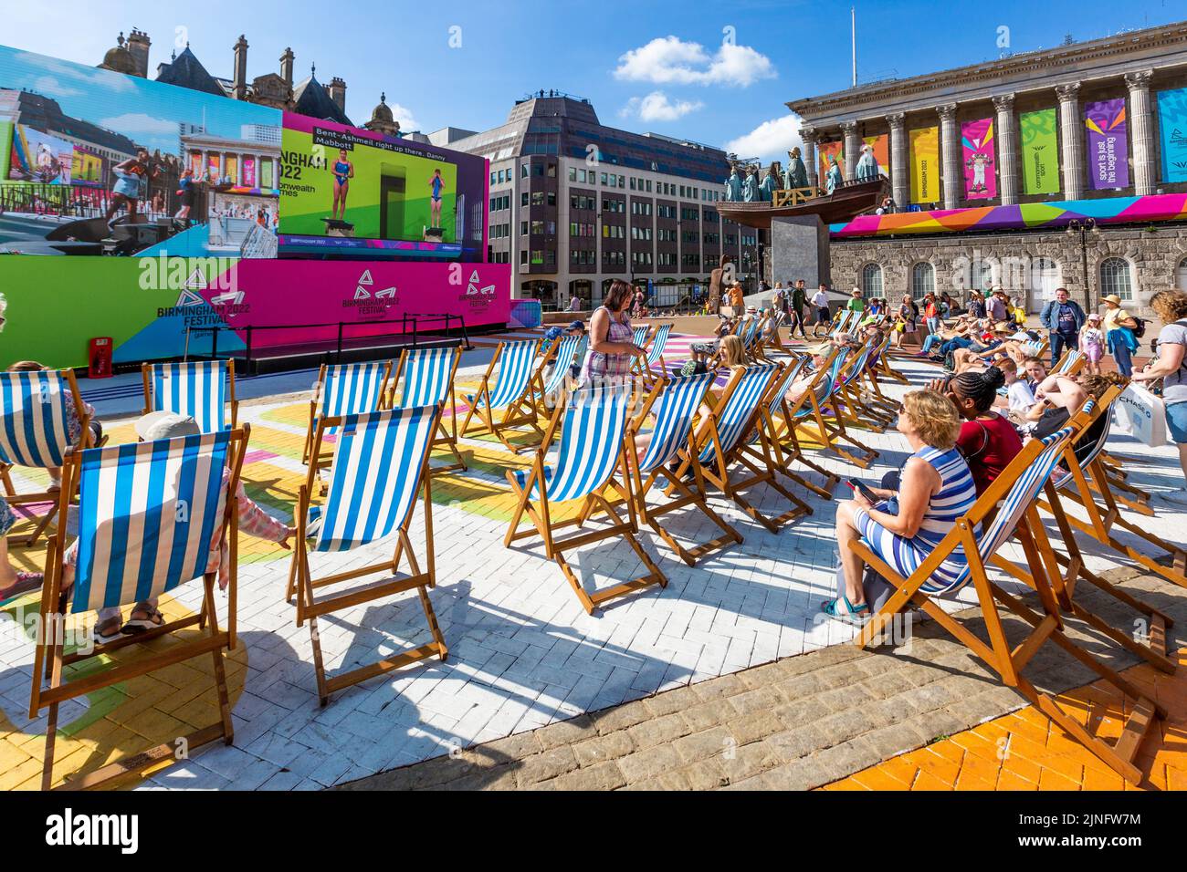 Crowds of people watching The Commonwealth Games 2022 on large screens at Festival Site in Victoria Square, Birmingham Stock Photo