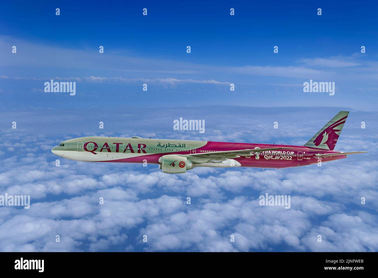 Qatar Airways Boeing 777 aircraft - A7-BEB in FIFA World Cup 2022 Livery. Stock Photo