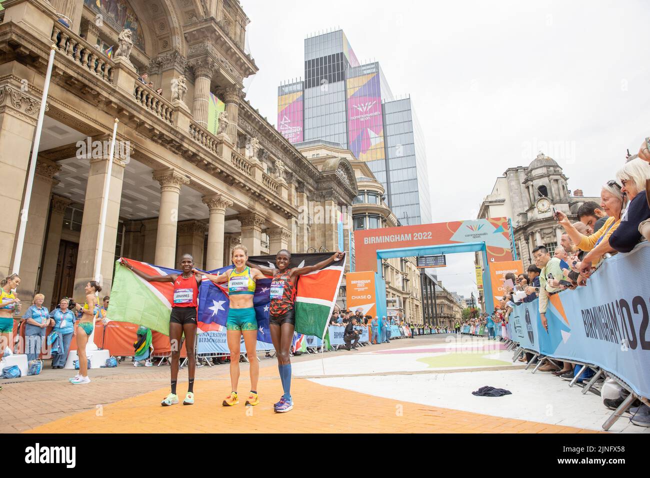 The winners of the women’s marathon at the Birmingham 2022 Commonwealth Games at Victoria Square. Stock Photo