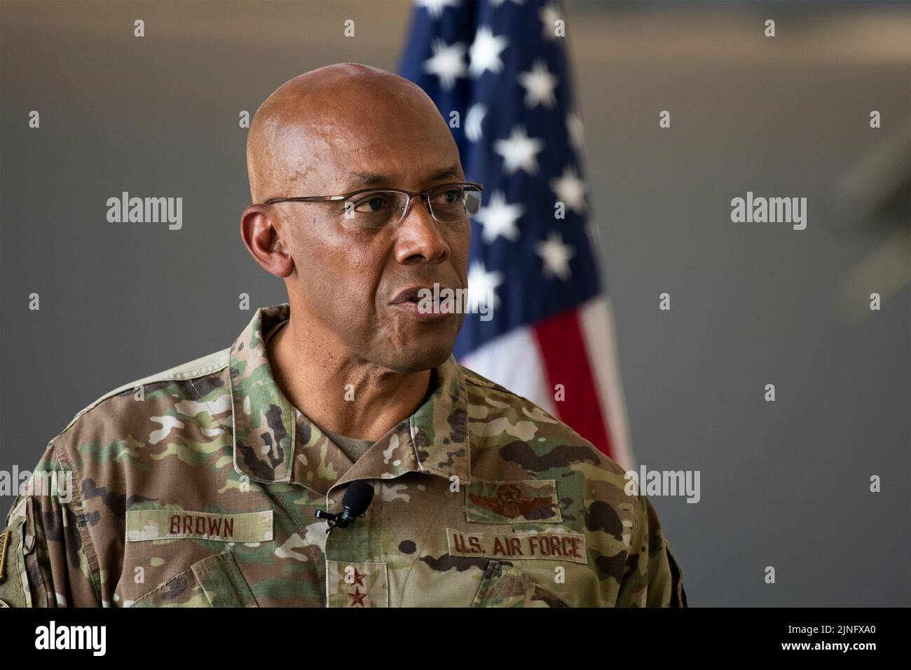 U.S. Air Force Chief of Staff Gen. CQ Brown, Jr., speaks with Airmen at an all-call meeting during a stop at Travis Air Force Base, August 4, 2022 in Fairfield, California. Credit: Planetpix/Alamy Live News Stock Photo