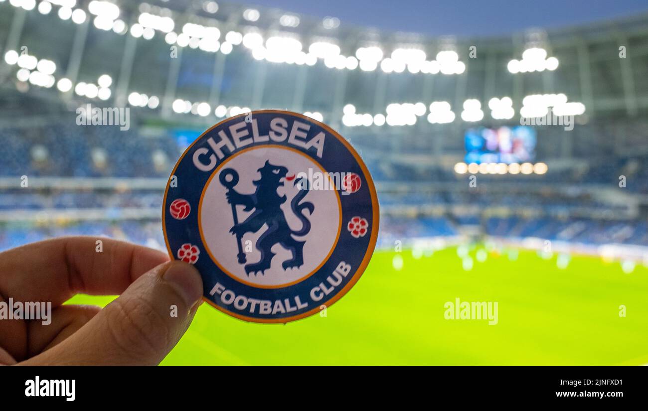 September 12, 2021, London, United Kingdom. The emblem of the Chelsea F.C.  football club on the background of a modern stadium Stock Photo - Alamy