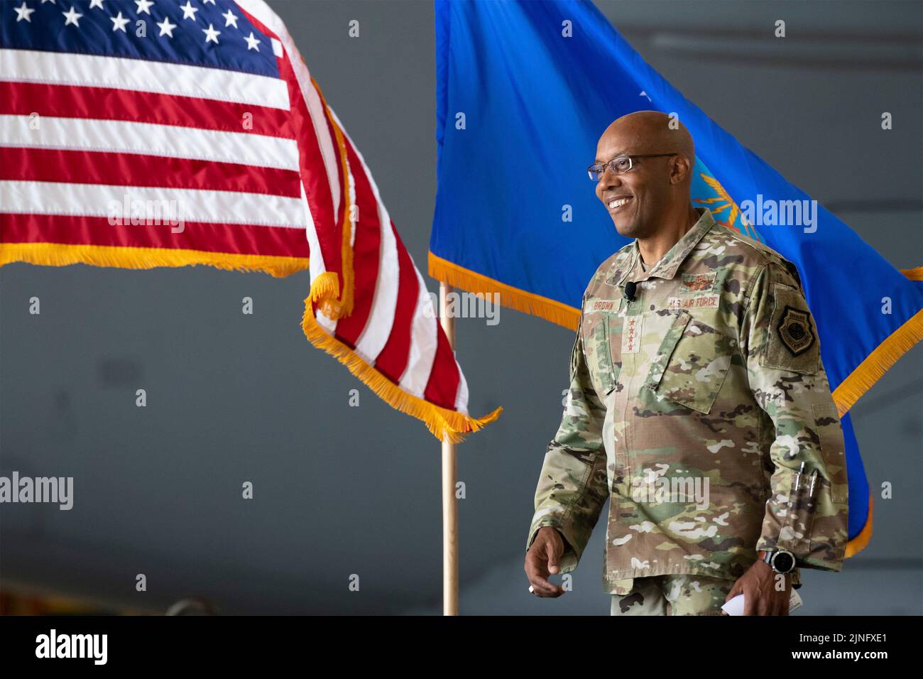 U.S. Air Force Chief of Staff Gen. CQ Brown, Jr., smiles as he walk onstage to address Airmen at an all-call meeting during a stop at Travis Air Force Base, August 4, 2022 in Fairfield, California. Credit: Planetpix/Alamy Live News Stock Photo