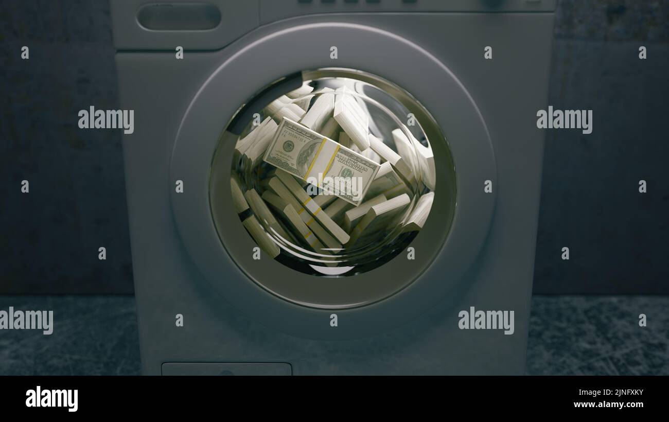 Hundred dollar bills. American paper money in the washing machine. Dirty criminal money laundering concept. Professional 3d rendering Stock Photo