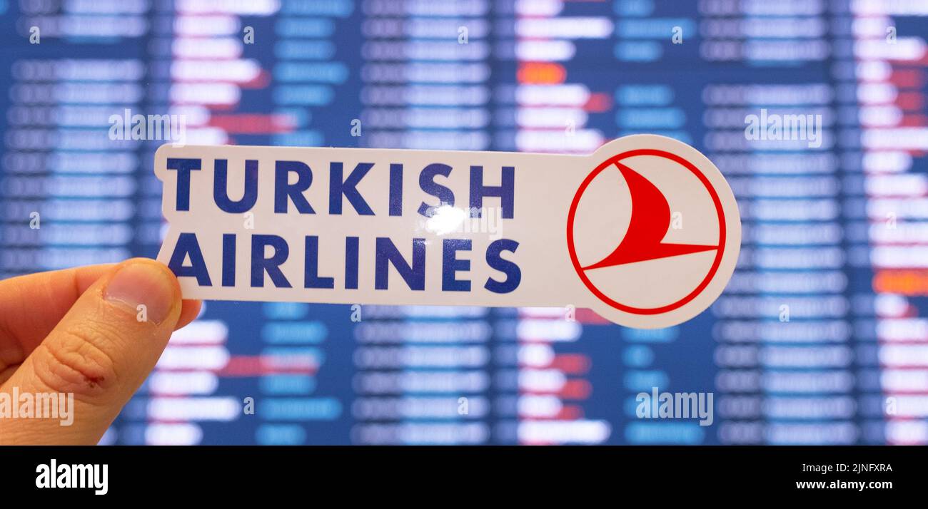 December 11, 2021, Istanbul, Turkey. The emblem of Turkish Airlines against the background of an