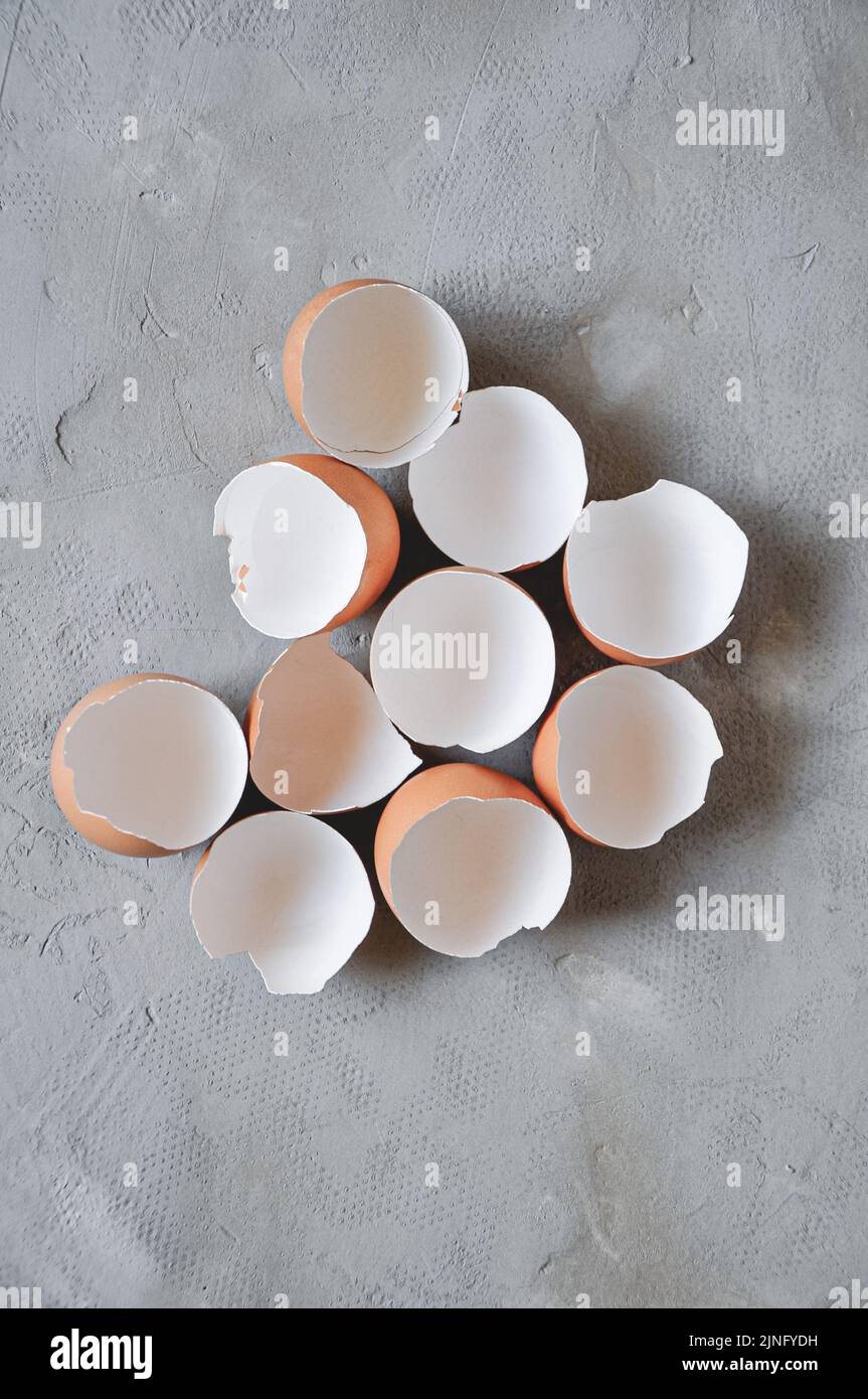 Eggshell. Shell of eggs on concrete kitchen table Stock Photo
