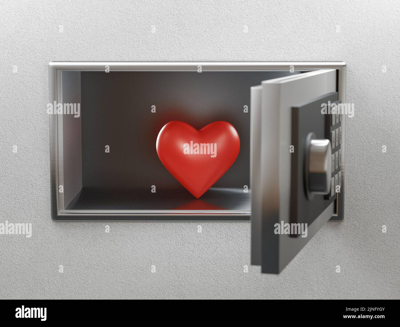 Red Heart in the safe. Concept of Love, Falling in love, Depression or Shyness. 3d rendering Stock Photo