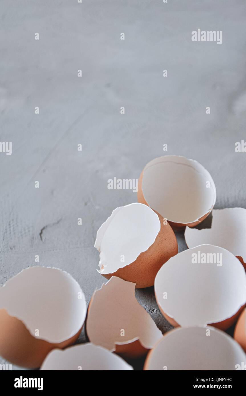 Eggshell. Shell of eggs on concrete kitchen table Stock Photo