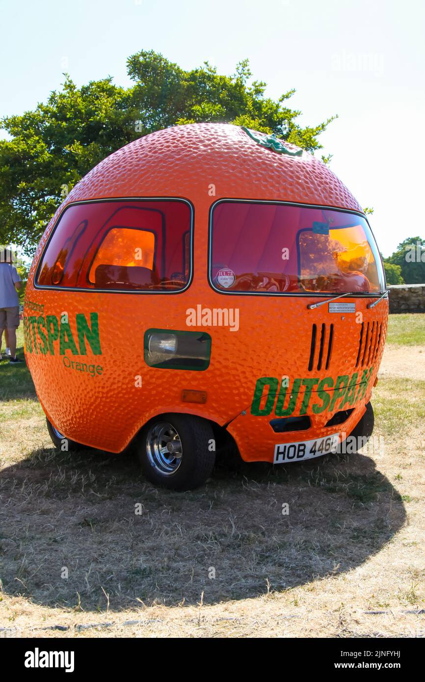 1972 Mini Outspan Orange promotional motor car, Beaulieu Supercar Weekend, Hampshire, England, UK, August 2022 Stock Photo