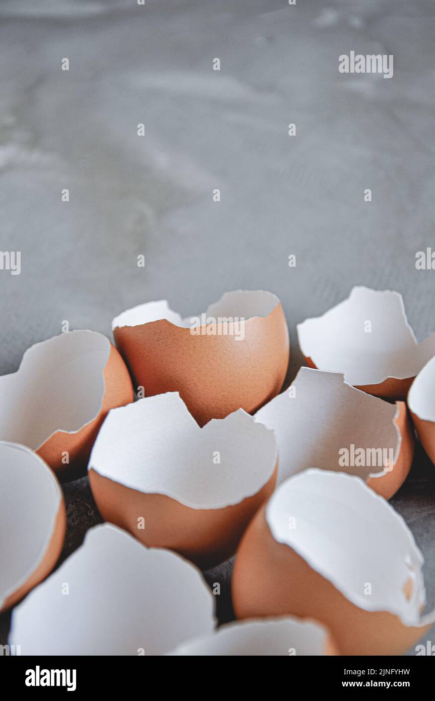 Eggshell. Shell of eggs on concrete kitchen table Stock Photo