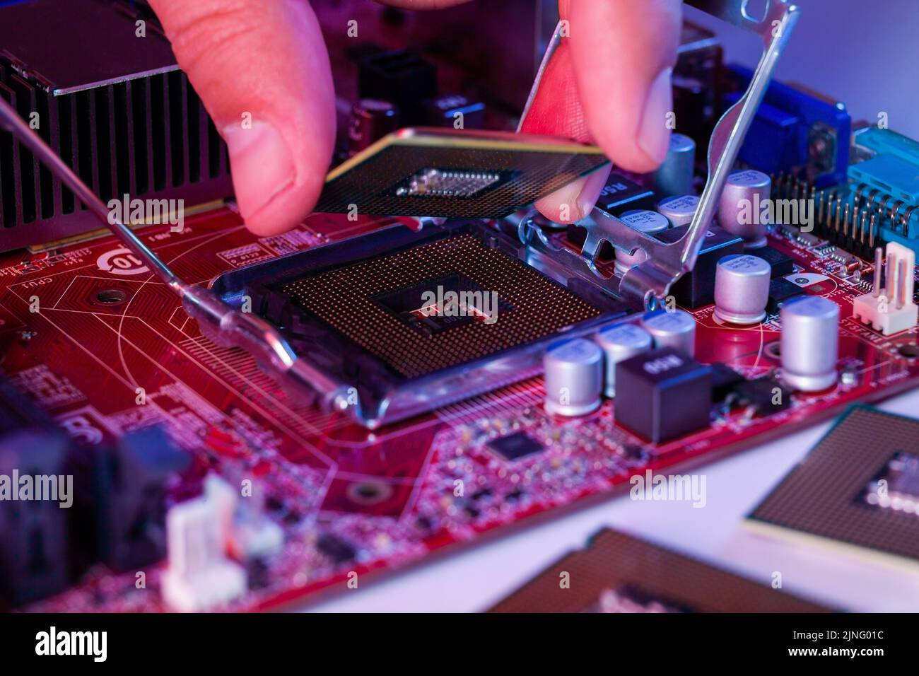 A man's hand inserts a processor into the motherboard chipset Stock ...