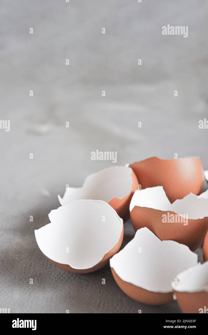 Eggshell. Shell of eggs on concrete kitchen table Stock Photo