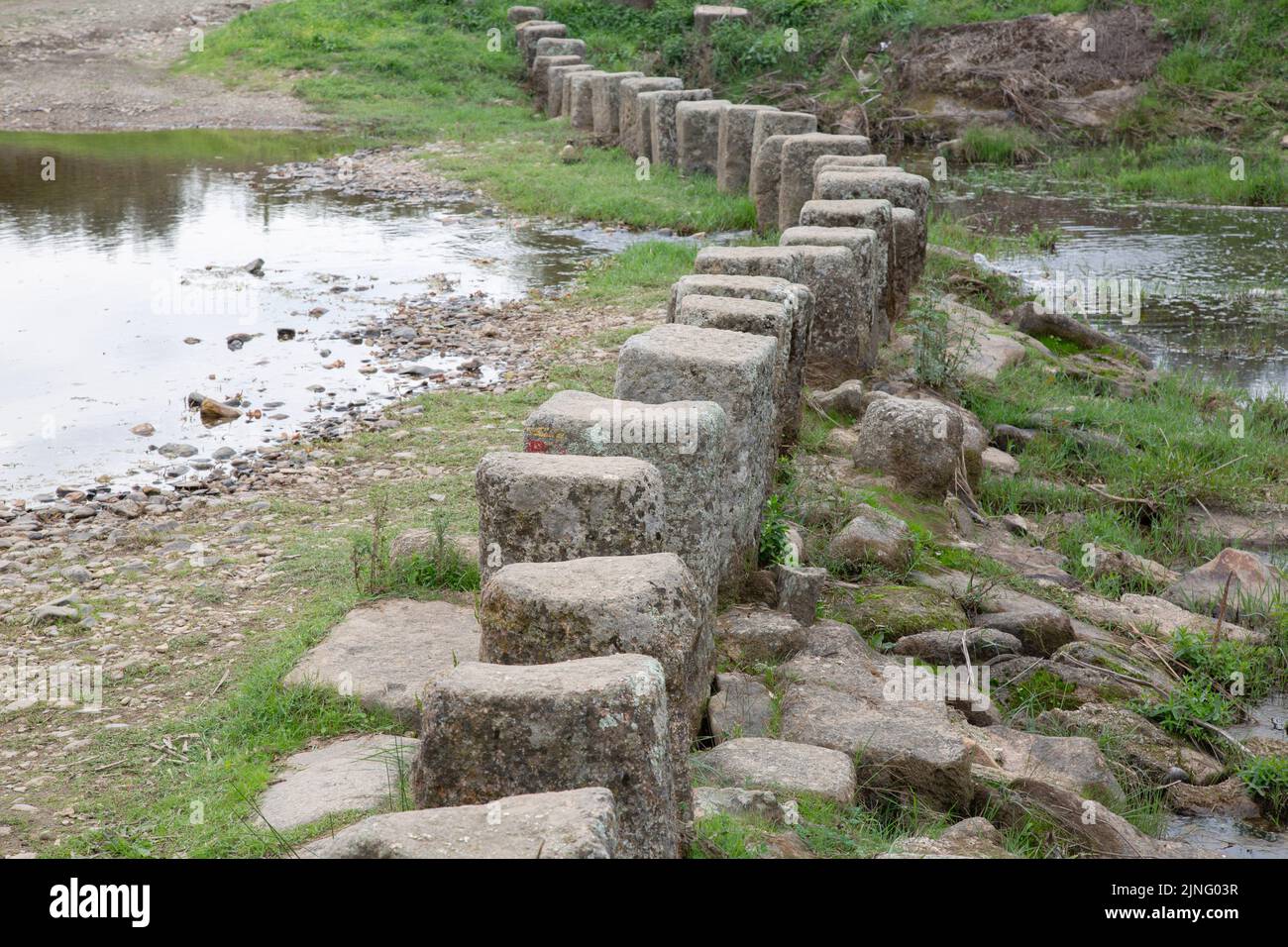 Stone Stepping Stones in Low Level River, Sabugal, Portugal Stock Photo