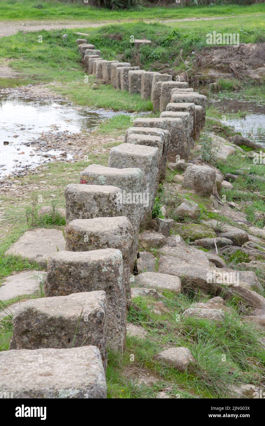 Stone Stepping Stones in Low Level River, Sabugal, Portugal Stock Photo