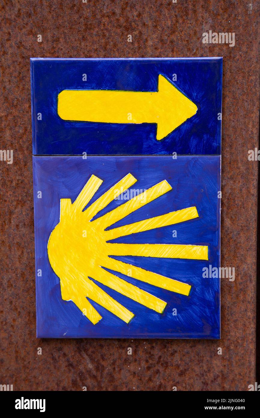 Blue and Yellow Camino de Santiago Sign Stock Photo