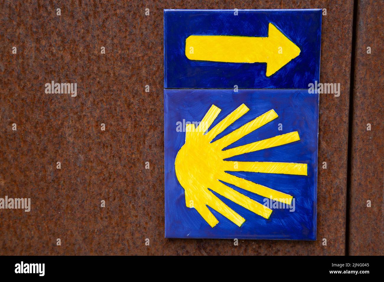 Blue and Yellow Camino de Santiago Sign Stock Photo