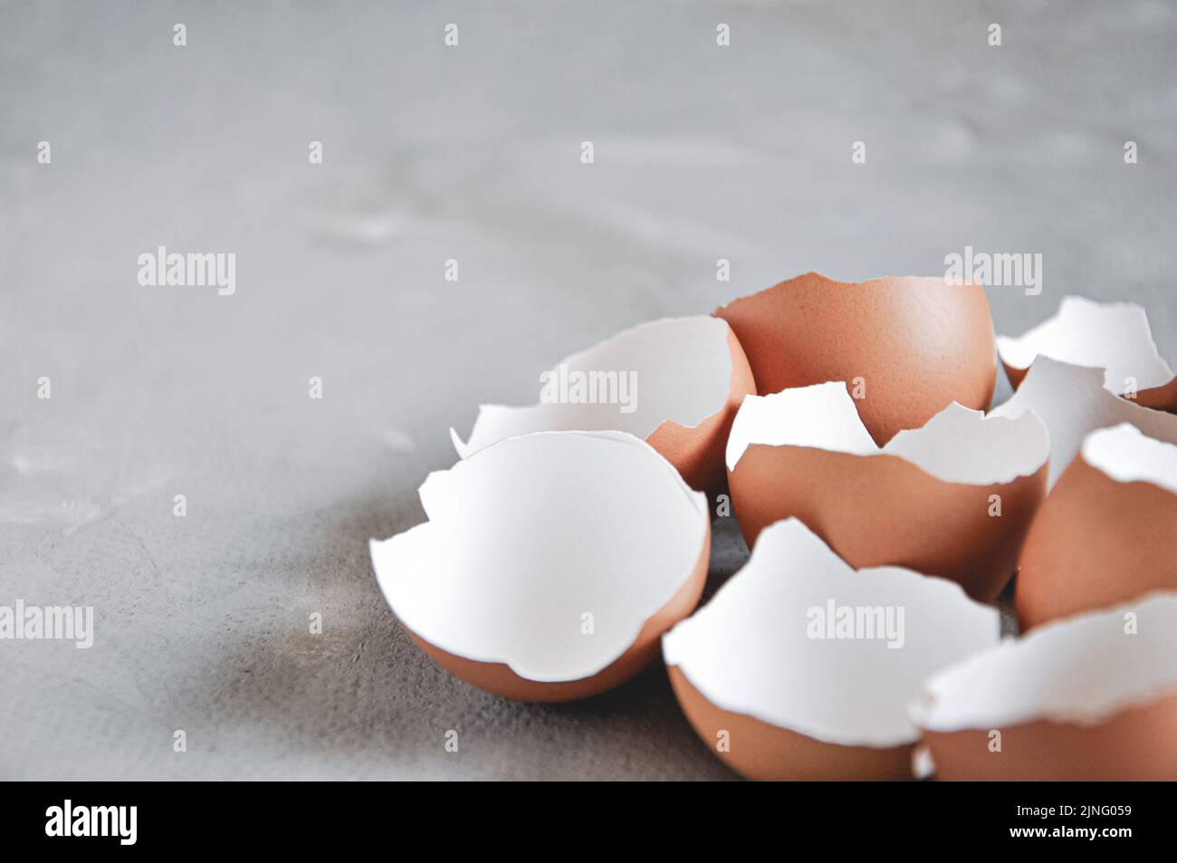 Eggshell. Shell of eggs on concrete kitchen table Stock Photo