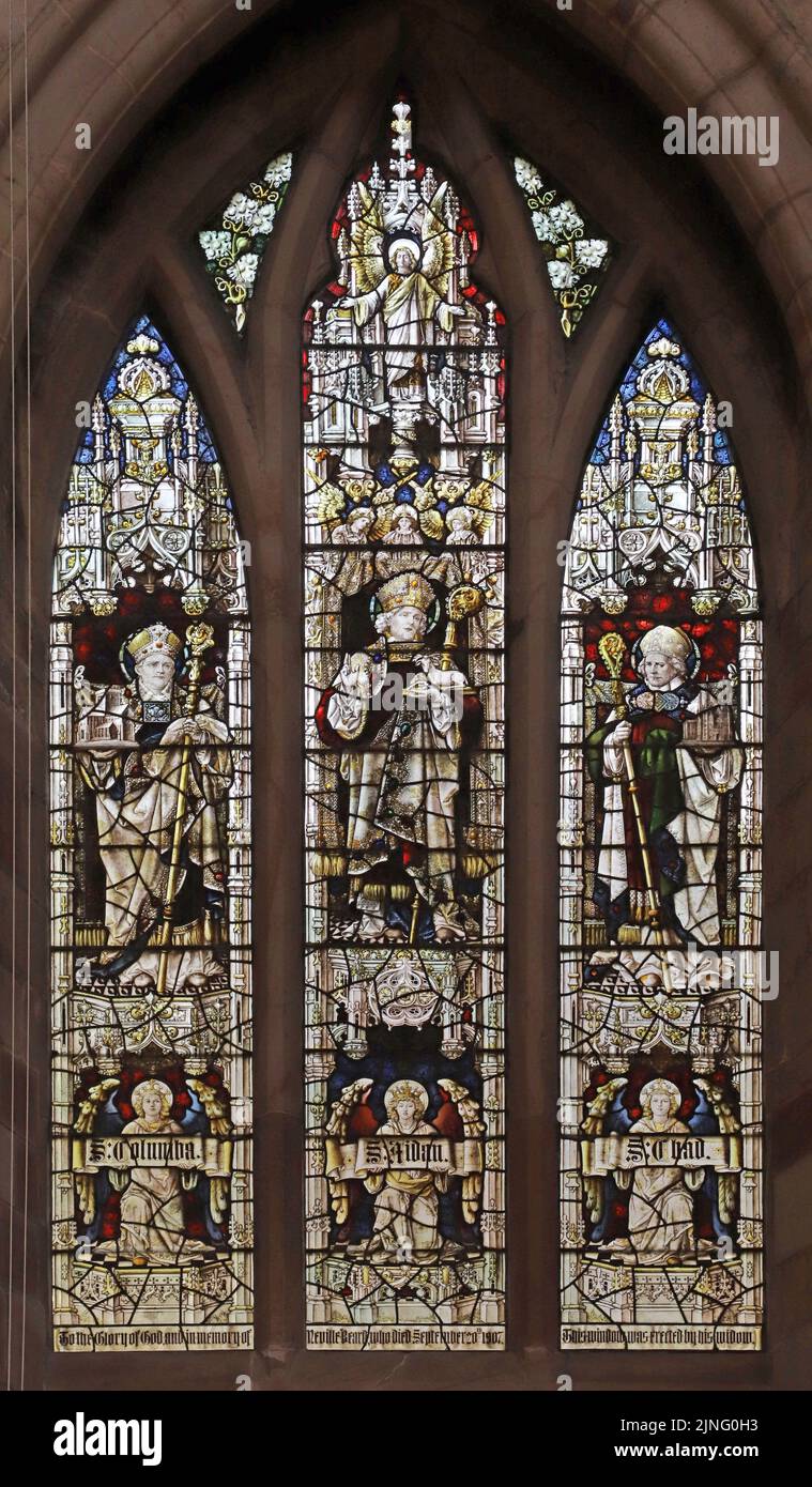 Stained glass window by Percy Bacon & Brothers depicting English Saints, Oswald, Columba & Chad; St Oswald's Church, Ashbourne, Derbyshire Stock Photo