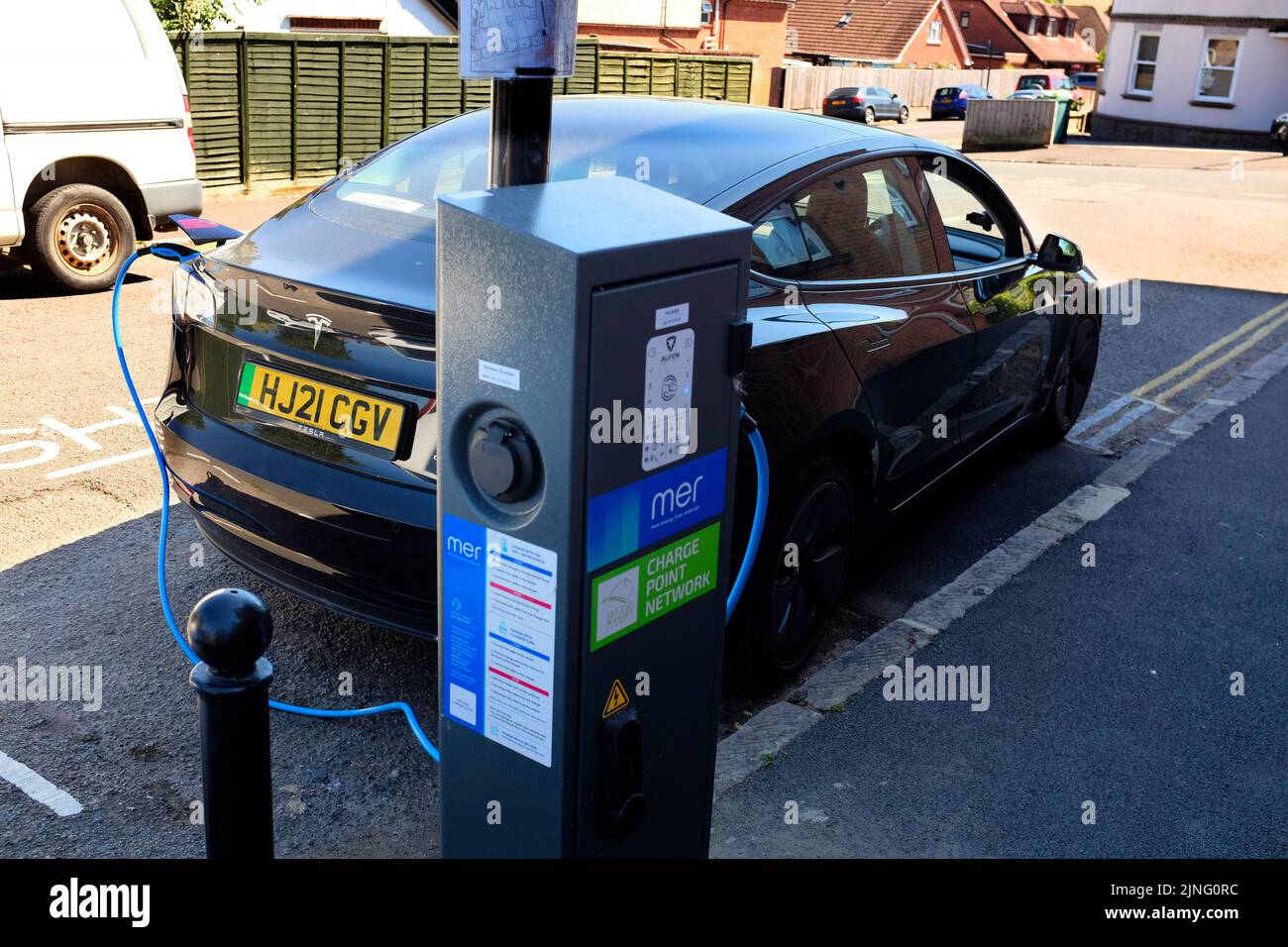testing,charging,speed,Tesla,Model,3,timing,kilowatt,hour,street,charger,MER,Newport,Isle of Wight,England,UK,Britain,British, Stock Photo