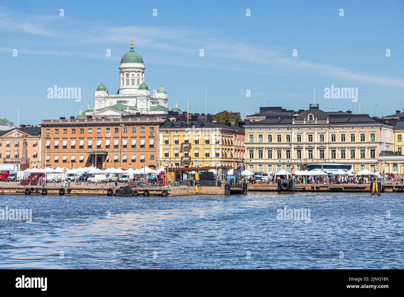 The Market Square (Kauppatori) and harbour waterfront overtopped by the cathedral in Helsinki, Finland Stock Photo
