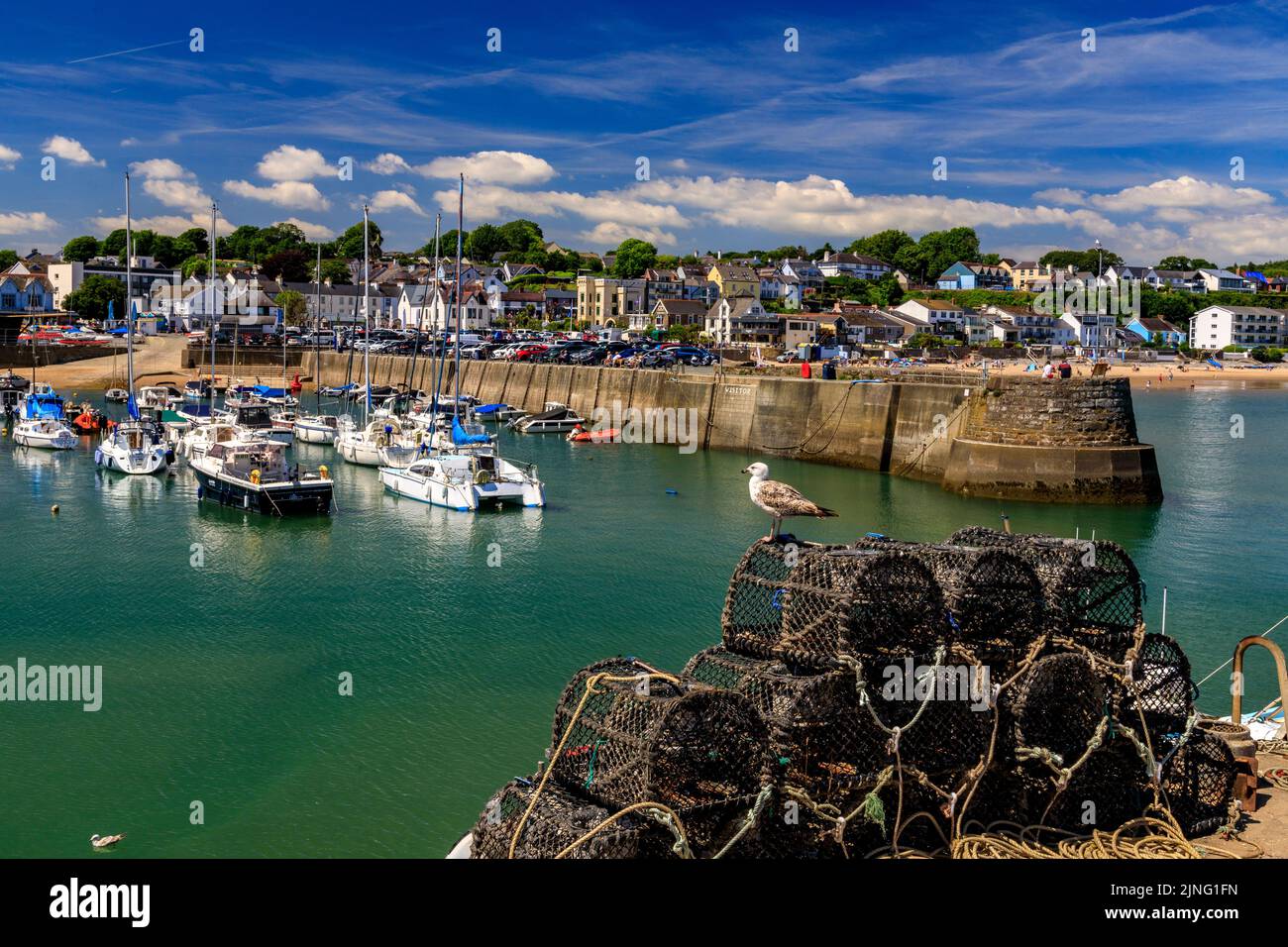 The historic harbour at Saundersfoot is filled with both pleasure craft and fishing boats with the town beyond, Pembrokeshire, Wales, UK Stock Photo