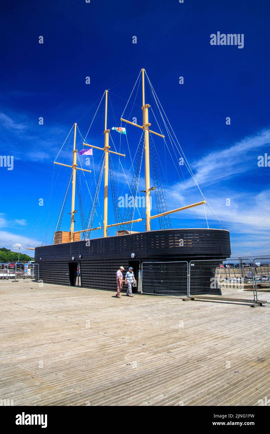 A 3 masted replica schooner has been built on the National Events deck in Saundersfoot harbour, Pembrokeshire, Wales, UK Stock Photo