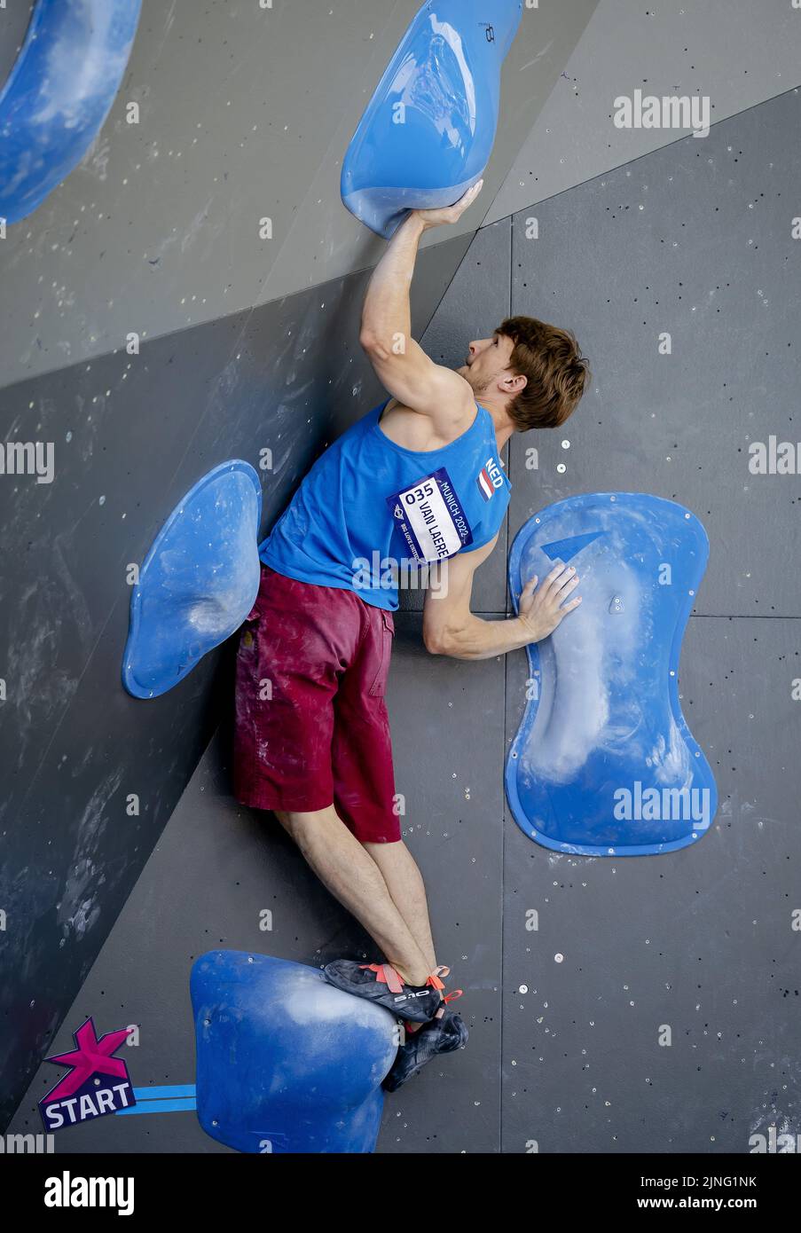 MUNICH Don van Laere in action during the bouldering part of the sport climbing on the first