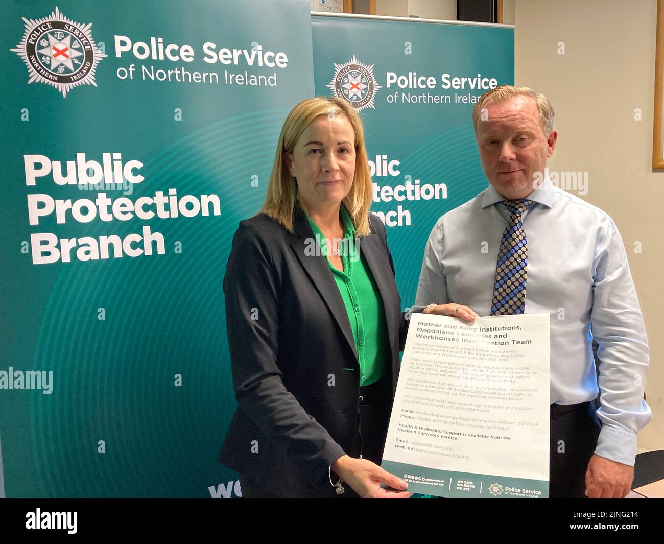 Detective Inspector Jenny Smith and Detective Superintendent Gary Reid at Lisburn Road police station in south Belfast from the team within the PSNI which is investigating allegations of abuse at former mother and baby homes, Magdalen Laundries and industrial schools in Northern Ireland. Stock Photo