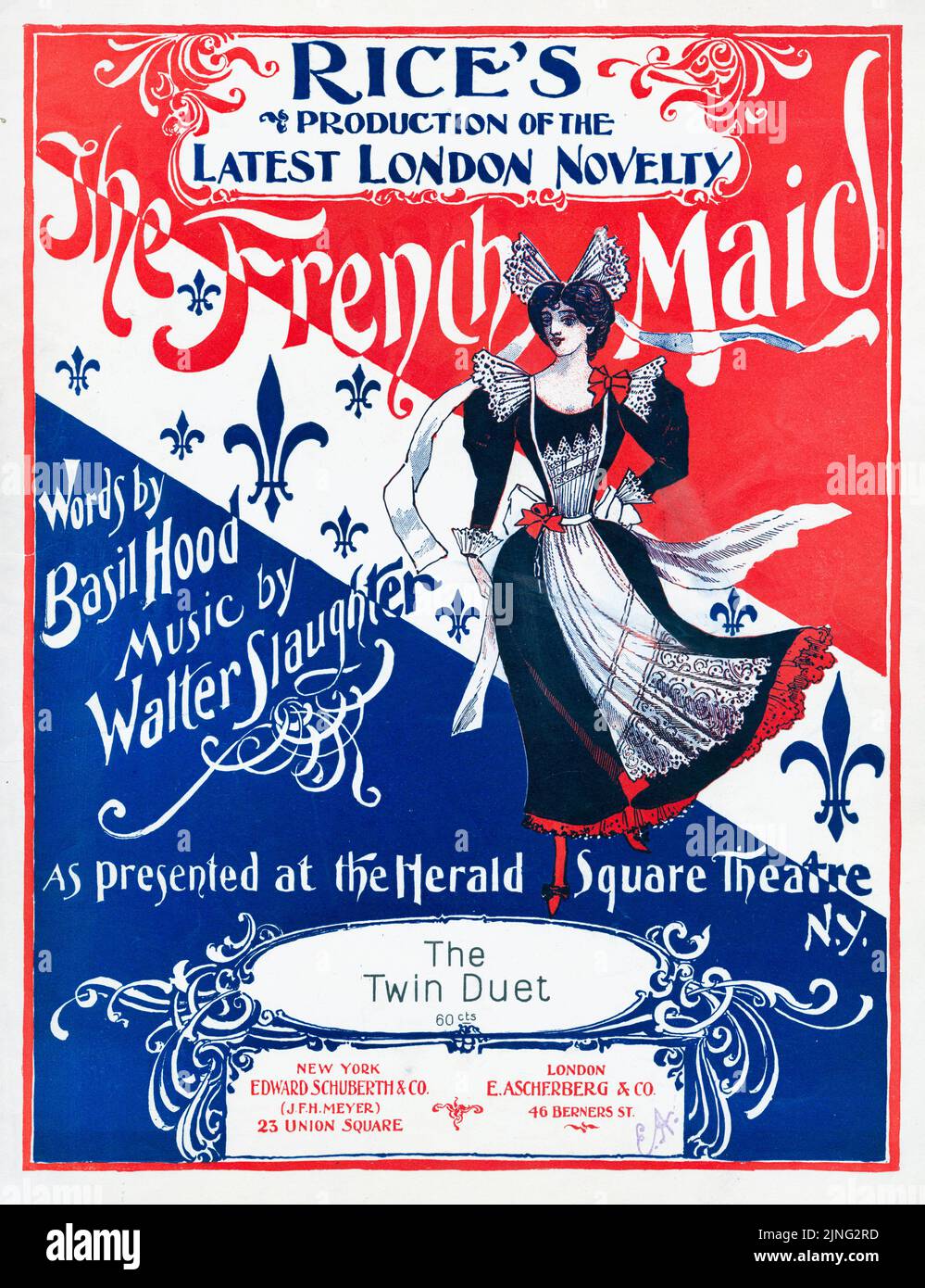 French maid (1897) Edward E. Rice's Production of the Latest London Novelty, Words by Basil Hood, Music by Walter Slaughter, As presented at the Herald Square Theatre, The Twin Duet, Published by Edward Schuberth and Company. Sheet music cover Stock Photo