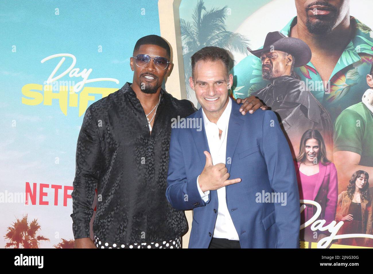Los Angeles, CA. 10th Aug, 2022. Jamie Foxx, J.J. Perry at arrivals for DAY SHIFT Premiere on NETFLIX, Regal LA Live, Los Angeles, CA August 10, 2022. Credit: Priscilla Grant/Everett Collection/Alamy Live News Stock Photo