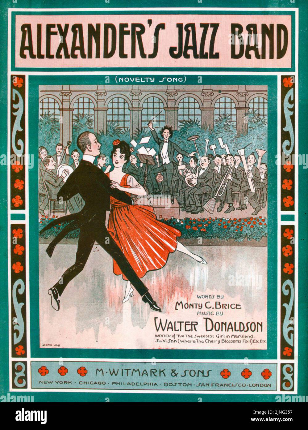 Alexander’s jazz band (1920) Novelty song, Words by Monty C. Brice, Music by Walter Donaldson, Published by M. Witmark and Sons. Sheet music cover. Illustration by Dunk Stock Photo
