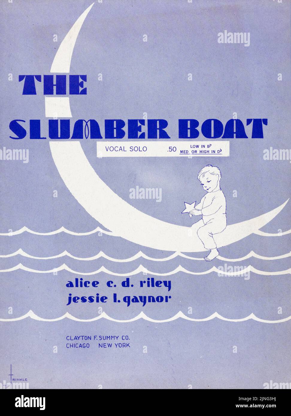 The slumber boat (1898) Vocal solo, by Alice C. D. Riley and Jessie L. Gaynor, Published by Clayton F. Summy Company. Sheet music cover. Illustration by Rinkle Stock Photo